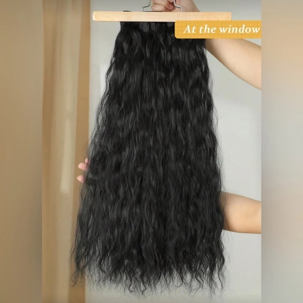 22” Black Curly  Clip-In Hair Extensions Human Hair Blend Full Set with‎ Clips
